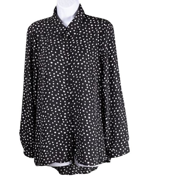 NEIMAN Marcus Sheer Black Cream Spotted Long Sleeve Blouse, Size Medium - Picture 2 of 8
